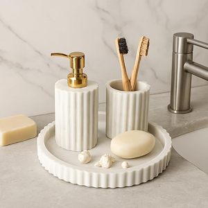 Resin Four-Piece Eco-Friendly Modern Bathroom Accessories Set Soap Dispenser <b>Toothbrush</b> <b>Holder</b> Soap Dish Vanity Organizer for - Product Image 2