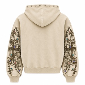 Sudadera con Capucha Personalizada de Algodón 100% Lavado Estilo Vintage, Sudadera con Cremallera y Bordado Digital de Moda, Detalle de Pedrería, Ropa Urbana Ecológica - Product Image 2