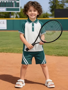 Fashionable Boys Summer Dark Green Casual Jersey Short-Sleeve TEE & Shorts Set ODM White Striped Shorts for Casual Outings - Product Image 4