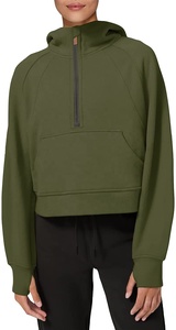 Sweat-shirt court à capuche pour femmes, pull-over molletonné, col, manches longues, avec trou de pouce, - Product Image 5