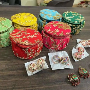 Handcrafted Silk Embroidered Round Jewellery <b>Vanity</b> <b>Box</b> Set with Traditional Rajasthani Meenakari Jhumka Earrings - Product Image 1