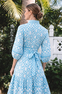 Vestido Midi Bohemio Cruzado de Algodón Estampado Azul para Mujer, Cuello en V, con Cinturón, Ecológico, de Manga Larga, para Verano, Playa, Resort, Casual - Product Image 3