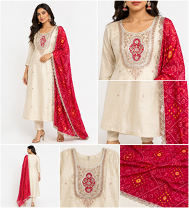 Ensemble Kurti et pantalon en soie et mousseline beige à motifs floraux, style indien, pour femme, tenue de fête, avec dupatta Bandhani, robes Salwar Kameez - Product Image 6