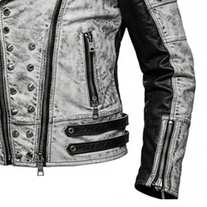Rhinestones <b>Men's</b> Black Varsity <b>Jacket</b> Genuine Leather Sleeves <b>White</b> Trim Collar Regular Fit Casual Winter Waterproof Reversible - Product Image 5