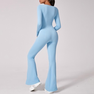 Women Long Sleeve <b>Square</b> <b>Neck</b> <b>Bodysuit</b> Full Length Seamless Stretch Knitted Activewear Solid Color One Piece Jumpsuit - Product Image 5