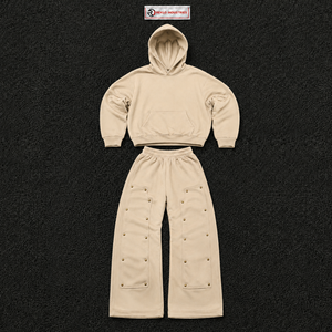 Conjunto de Sudadera con Capucha Oversize Beige Premium para Hombre, Estilo Urbano, Sudadera Pullover y Pantalones Cargo Jogger de Algodón Grueso con Forro Polar - Product Image 5