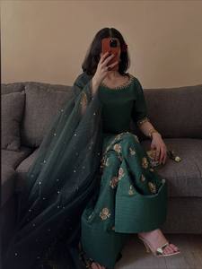 Conjunto de Salwar Kameez Verde Bordado para Mujer, Túnica, Pantalón Palazzo y Dupatta, Traje Tradicional para Fiesta o Boda - Product Image 5