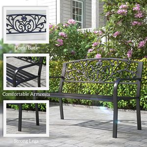 Panca da Giardino in Metallo da Esterno da 50 Pollici con Schienale a Motivo Floreale e Seduta a Doghe per Parco, Giardino, Prato, Cortile o Centro Commerciale - Nera - Product Image 5