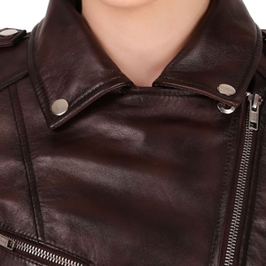 Blouson aviateur en cuir véritable marron REBA SPORTS IMPEX pour femme, manches longues, col montant, simple boutonnage, respirant, fermeture éclair. - Product Image 6