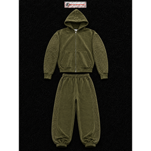 Ensemble de survêtement en velours olive pour femme, sweat à capuche zippé et pantalon large, deux pièces, avec strass, style décontracté streetwear, jogging - Product Image 5