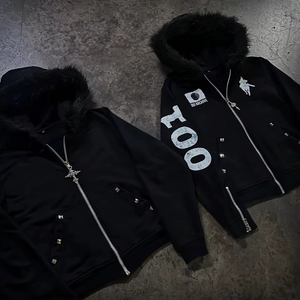Sweat à capuche en molleton noir pour homme, logo brodé, style streetwear, vêtement d'hiver, coupe ample, manches classiques, 100% molleton - Product Image 2