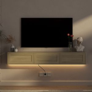 High Gloss Wall Mounted TV Stand <b>Floating</b> Wood Cabinet with LED Lights and Power Outlet for Living Room - Product Image 2