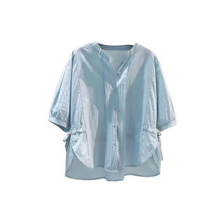 Blusa de Lino Azul Claro para Mujer, Manga Tres Cuartos, Cuello Redondo, Corte Holgado, Estilo Casual con Lazo, Transpirable, para Primavera/Verano - Product Image 6