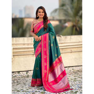 Elite Weaves Green Soft <b>Silk</b> Traditional Zari Contrast Woven Saree Elegant Scarf and <b>Shawl</b> 650g - Product Image 6