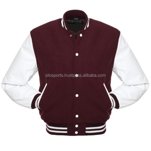 แจ็กเก็ตแฟชั่นขนแกะสีน้ำเงินแขนเสื้อหนังสีขาวงานทำมือแบบคลาสสิก - Product Image 5