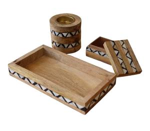 Mango Wood Incense Burner Set Bulk Luxury Wooden Bakhoor Censer with <b>Matching</b> Storage <b>Box</b> and Tray Geometric Zigzag Pattern - Product Image 1