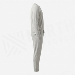 Light Gray Crewneck Sweatshirt and Jogger Pants Set Solid Color Knitted Casual Wear for Adults Regular Fit - Product Image 3