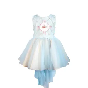 Mullet Design Hand Embroidery Flower Hand Beading Multi-layer Baby Girl Tulle Dress Blue Sleeveless - Amber Dress