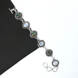 Wholesale Vintage Style Sterling Silver Plated Labradorite and Rainbow Moonstone Oval <b>Stone</b> Toggle Clasp Link <b>Bracelet</b> Bohemian - Product Image 5