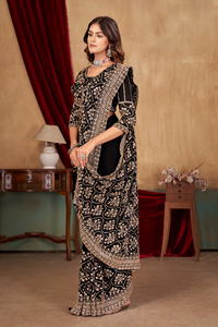 Sari Gujarati de Satén Fandy de Lujo de Diseñador Abhi, con Bordado de Cuentas Premium, Blusa de Diseñador Incluida, Elegante - Product Image 2