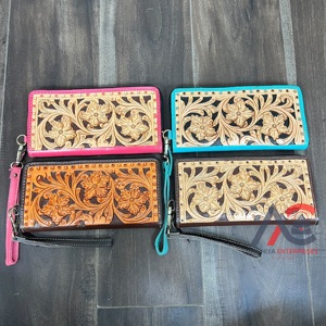New Wholesale Factory Price Hand Tooled Genuine Leather <b>Women</b> Wristlet Clutches New Floral Pattern Everyday Evening Wallet <b>Purse</b> - Product Image 1