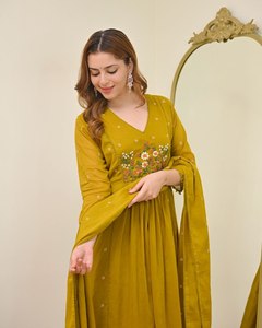 Conjunto de Kurta Anarkali Bordada en Viscosa para Mujer, con Pantalón y Dupatta, Elástico, Ropa Étnica para Fiesta - Product Image 2