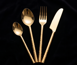 Stainless Steel Gold PVD Coated Flatware Set Of 4 Cutlery Spoon Fork Knife Hammered Handle Perfect Wedding Rental Cutlery - Product Image 1
