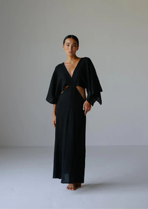 Women's Eco-Friendly Black Maxi Dress with Deep V-Neck Cut-Out Design Flare Sleeves Natural Waist for Evening & Cocktail Parties - Product Image 3