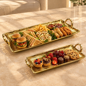 Juego de bandejas de servir de aluminio con acabado dorado premium, bandejas rectangulares texturizadas con asas |   Decoración de Lujo para Mesa de Comedor - Product Image 2
