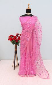 Sari rose brodé de papillons en tulle et sequins, modèle de créateur, pour femme, idéal pour les fêtes d'hiver et les mariages |   Élégant style ethnique indien - Product Image 2