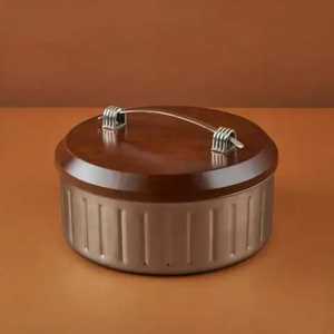Round Metallic Container With <b>Wooden</b> Lid Curved Handle Textured Grooved Body <b>Rustic</b> Modern Design - Product Image 1