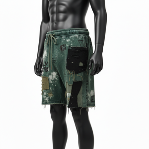 <b>Men</b> Acid Wash Cotton Fleece <b>Shorts</b> 320GSM Heavyweight Green Patch Panel Streetwear With Custom Print Logo Acid wash <b>men's</b> <b>shorts</b> - Product Image 5