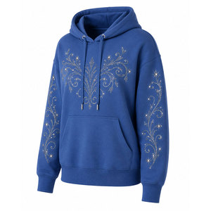 Women's Blue Hoodie Rhinestone <b>Floral</b> Pattern Crystal Decor <b>Sweatshirt</b> Long Sleeve Casual Pullover - Product Image 6