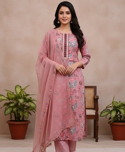 Pink Floral Printed Rayon <b>Kurta</b> Pant Set with Georgette Dupatta Indian Pakistani Outfit Wedding Casual Wear <b>for</b> <b>Women</b> Wear Fit - Product Image 1