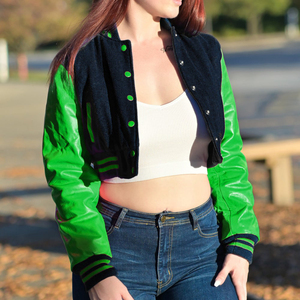 Veste courte universitaire pour femme, style Letterman, noir et vert, avec manches en similicuir, vêtement d'extérieur décontracté, mode féminine - Product Image 2