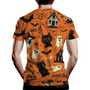 T-shirt pour homme à col rond et manches courtes, motif citrouille, maison hantée, chauve-souris et lune, sublimé, coupe confortable, pour Halloween - Product Image 6