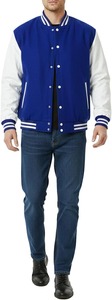<b>Men's</b> Royal Blue Varsity <b>Jacket</b> Solid Color Button Closure Turn-down Collar Casual Style Autumn Wear Regular Fit - Product Image 2
