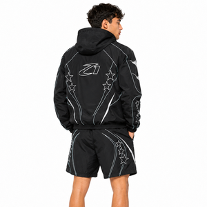 Men's Black Custom <b>Reflective</b> Windbreaker <b>Jacket</b> and Shorts Lightweight Hooded <b>Running</b> Tracksuit OEM Sportswear Hoodies Outfit - Product Image 2