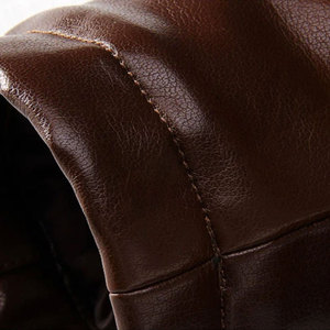 Men's Brown Leather or PU Leather Jacket Stand Collar Zipper Closure Faux <b>Fur</b> Lining Moto Biker Style Winter Wear - Product Image 6