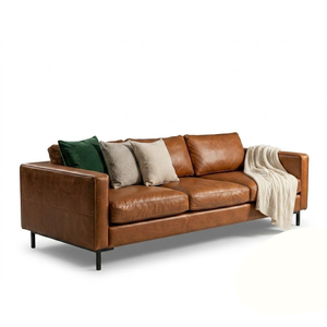Mid-Century Modern Genuine Cowhide Leather <b>Sofa</b> 3 Seater <b>Brown</b> Leather Couch for Modern Stylish Living Rooms Furniture - Product Image 1