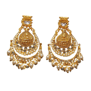 Nakshi Vintage Gold Plated Chandelier Drop <b>Earrings</b> with Jade <b>Pearl</b> <b>Diamond</b> Moissanite - Product Image 3