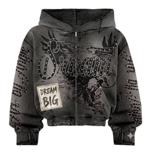 Custom Vintage Acid Wash Heavyweight Oversized <b>Zip</b> Up Hoodie Rhinestone Graphic Distressed Full <b>Zip</b> <b>Hooded</b> Sweatshirt Men - Product Image 1