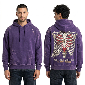 Sweat à capuche violet personnalisé délavé à l'acide pour homme, imprimé squelette, streetwear vintage, effet vieilli, coupe oversize - Product Image 1