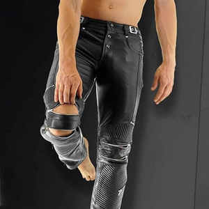 <b>Men's</b> Black PU <b>Leather</b> Moto <b>Pants</b> High Waist Button Fly Rivet Detailing Straight Fit Biker Style Autumn Wear - Product Image 6