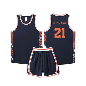 Ensemble short et maillot de basket personnalisé par sublimation, rayé bleu marine et orange, unisexe adulte, anti-transpiration, sans manches - Product Image 1