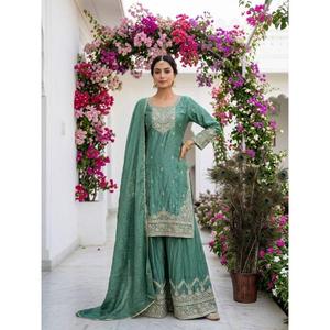 Presentamos la nueva colección de ropa lista para usar: top bordado de diseño elegante con pantalones palazzo y dupatta. - Product Image 1