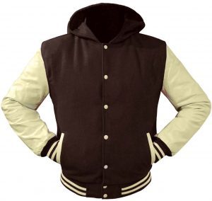 Custom Men Varsity Jacket Plain Hooded <b>Brown</b> <b>Wool</b> Body And Cream Leather Sleeve Letterman Jacket - Product Image 1