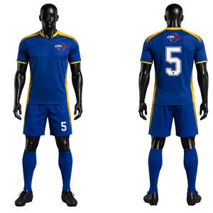 Ensemble maillot et short de football ORVO Sports pour homme, bleu et jaune, avec logo personnalisé, manches courtes, col en V, polyester, modèle OR-SOCCER-104 - Product Image 2