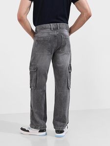 Jean ample gris délavé pour homme, 100 % coton, denim mi-lourd, coupe large, écologique, résistant à la décoloration, style décontracté, avec poches - Product Image 2