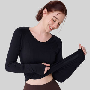 Camisetas de manga larga para mujer al por mayor, ajustadas, de cuello redondo, para primavera y otoño, camisetas básicas lisas - Product Image 3